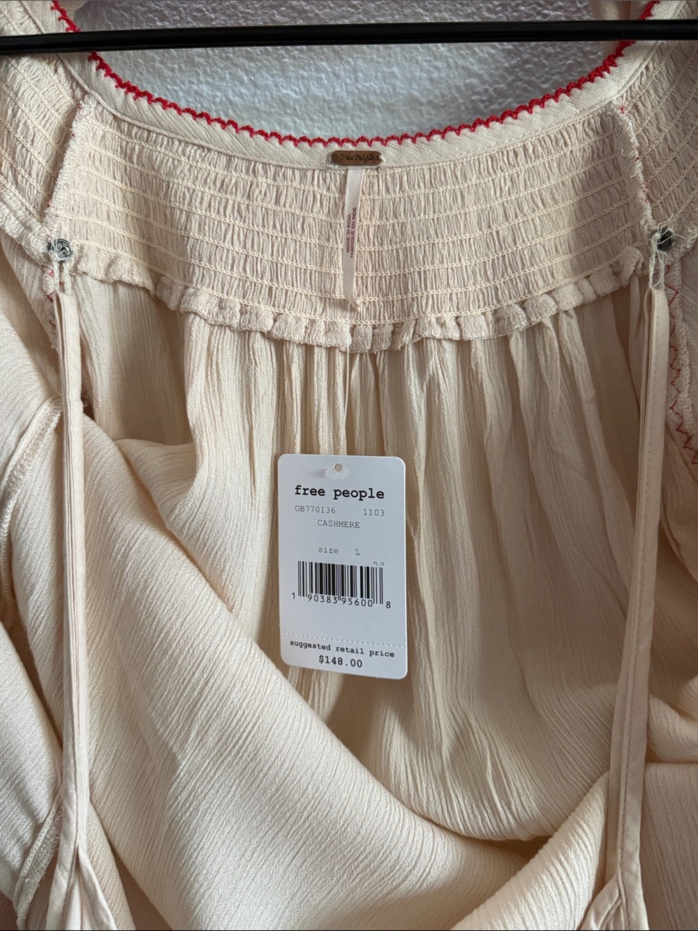 Free People Dress Large Wind Willow Mini Cream Red Embroidered Y2K Boho Hippie - Picture 11 of 13